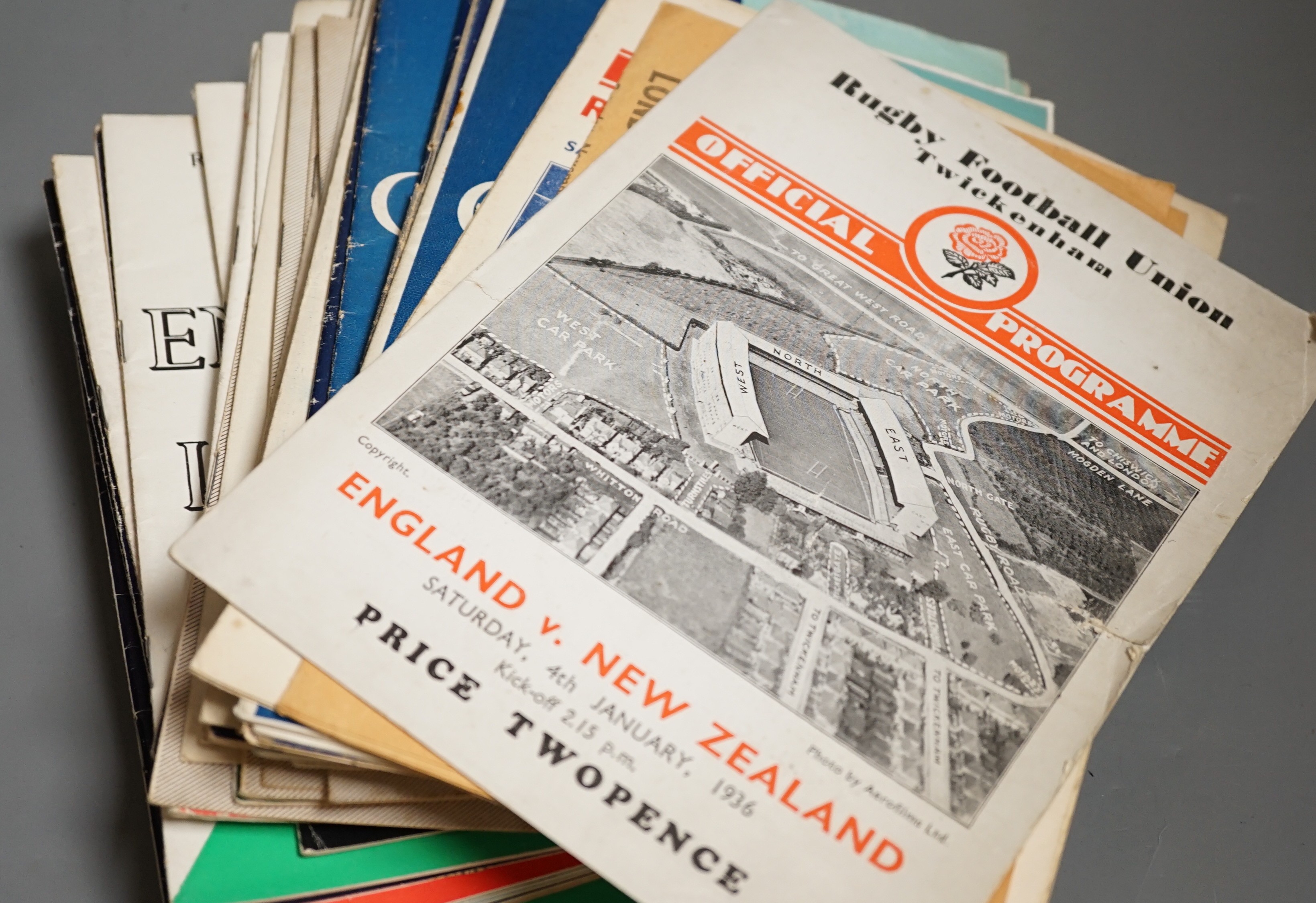 A collection of approximately 58 international and domestic Rugby Football Union programmes 1936 to 1986 to include England v New Zealand 1936, Harlequins 1950’s, Army v Navy, Sevens etc.